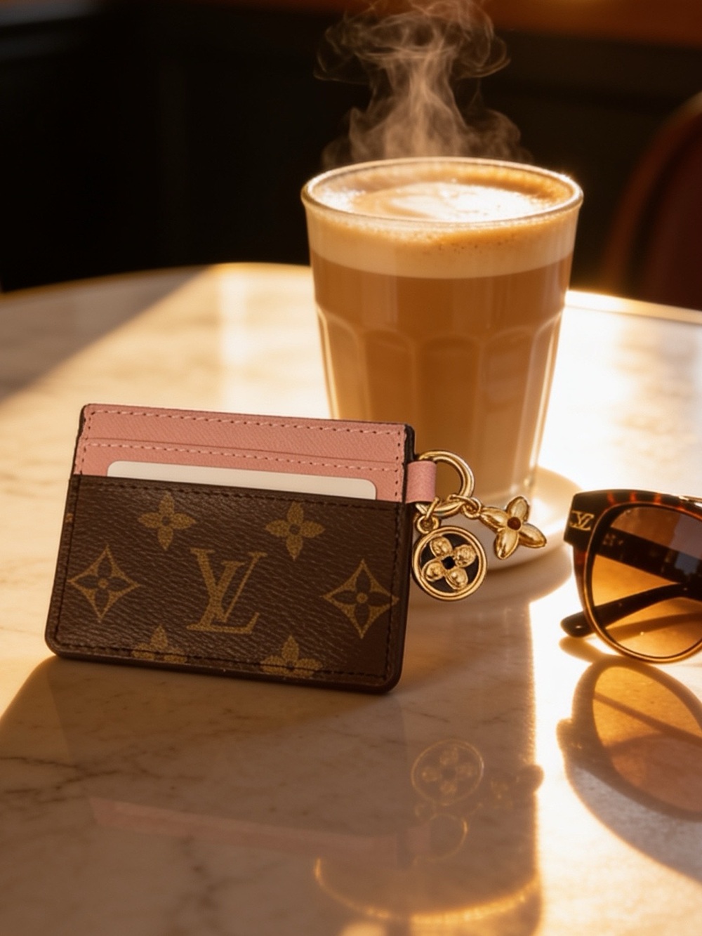 Designer Inspired Pink & Brown Card Holder with Playful Gold Charms